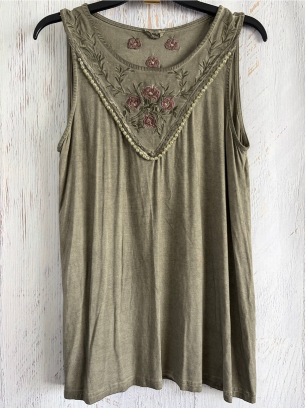 Women's POL Olive Green Embroidered Tank Top with Pearls, Size S